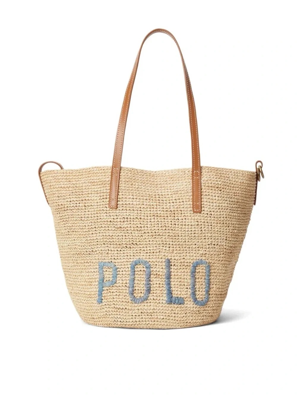Polo by Ralph Lauren Natural Straw Tote with Brown Leather Straps and Blue Logo